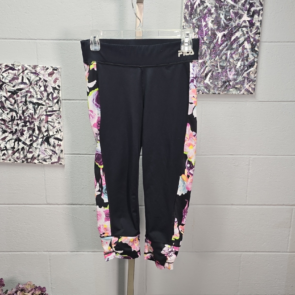 Fila Black Capri Leggings with Pink & Purple Floral Panels